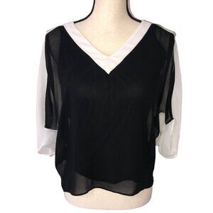Philosophy Womens Top Size XS Sheer Layered Black White Short Sleeve Dolman